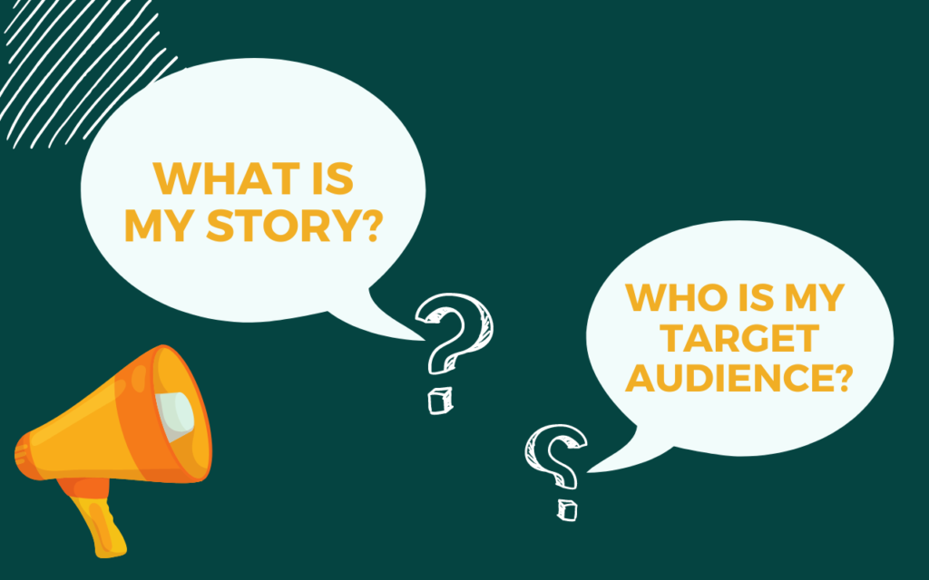 two chat boxes, one with the question "what is my story?" and the other with the question "who is my target audience?"