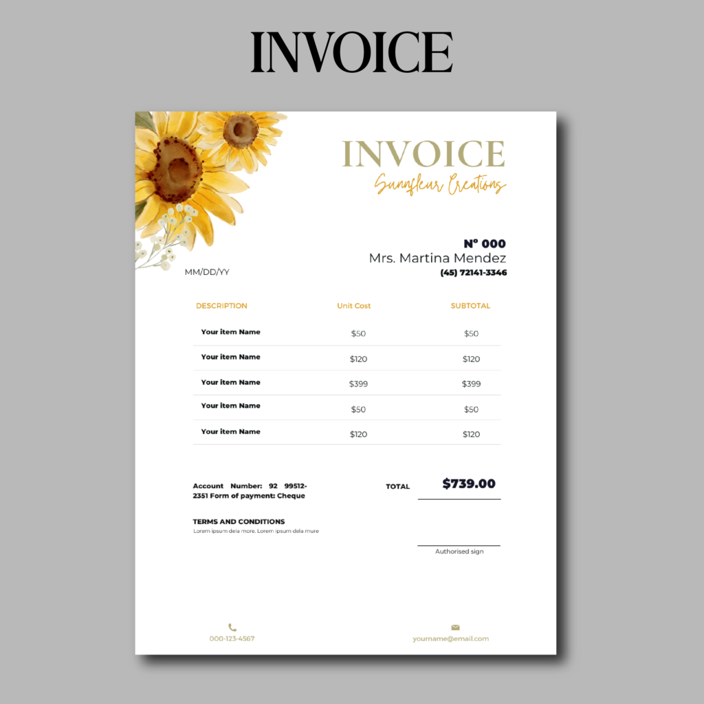 Invoice with sunflower florals