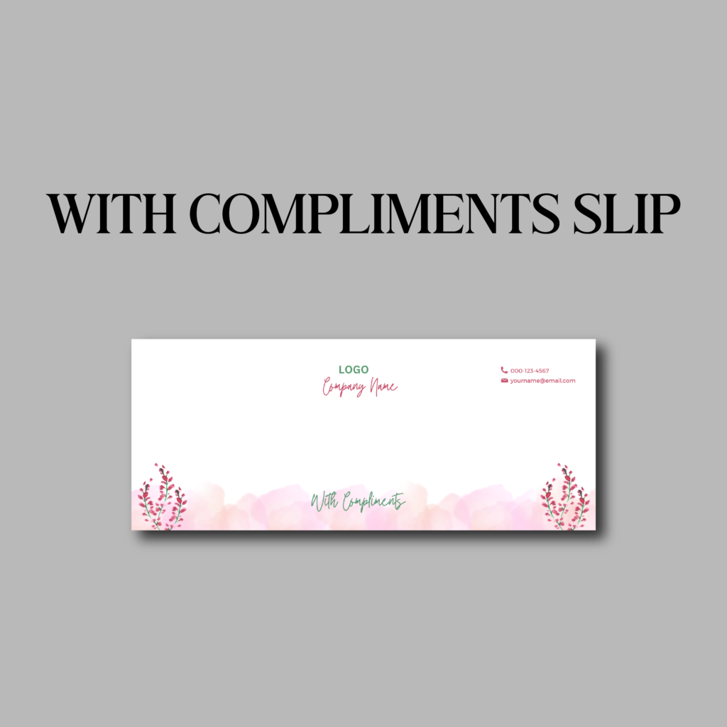 with compliments slips with pink watercolor art and pink florals