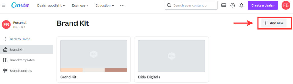 screen shot of Canva app showing the 'Add New' button in the brand hub
