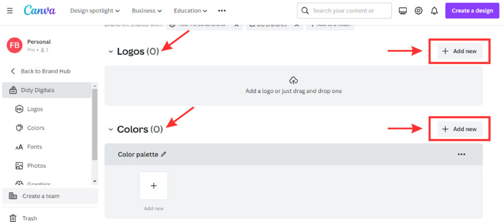 screenshot of Canva showing where to add the brand's logo and colors in the brand hub