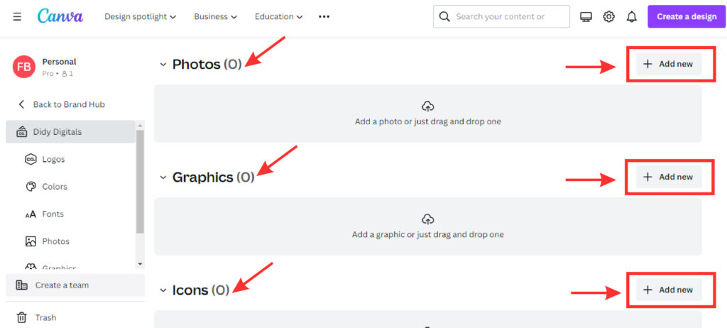 screenshot of Canva showing where to add the brand's photos, graphics,,and icons in the brand kit/hub