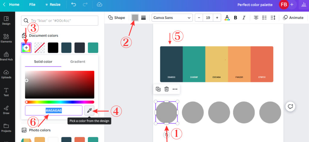 a Canva screenshot showing 6 steps to follow to vary the color of a color palette.