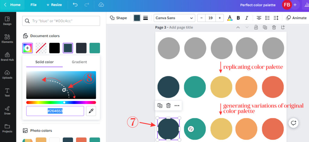 a Canva screenshot showing 2 more steps to follow to vary the color of a color palette.