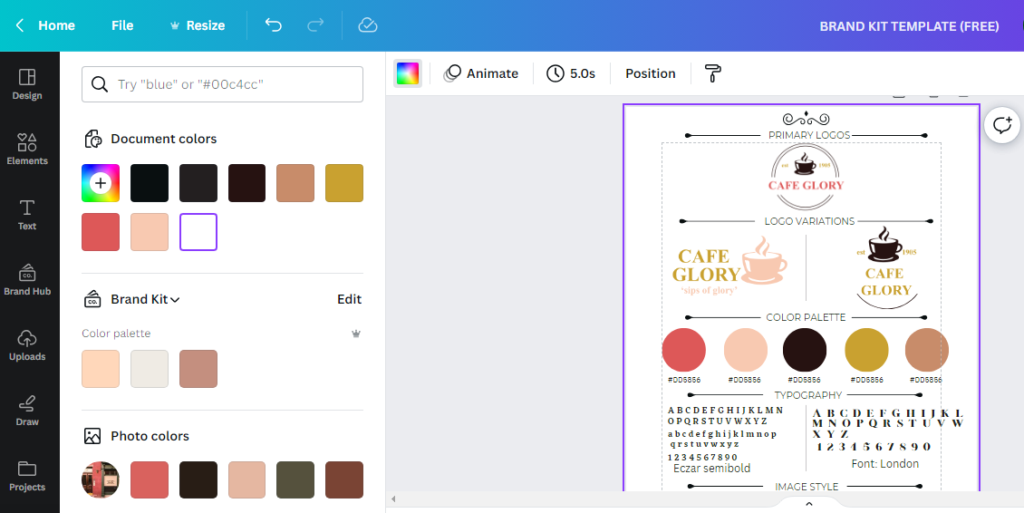 screenshot of brand kit template being created on Canva