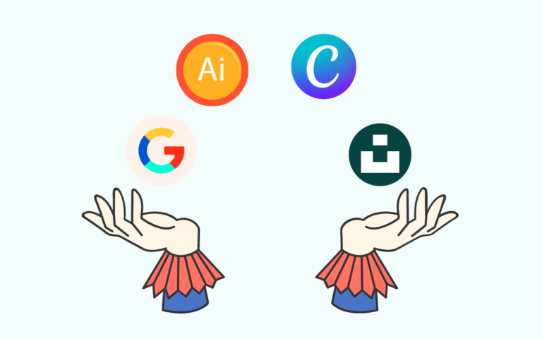 hands juggling balls that are symbolic of the online tools used to craft a DIY brand. The balls are logos representing these tools- Google fonts, Adobe illustrator, Canva and Unsplash