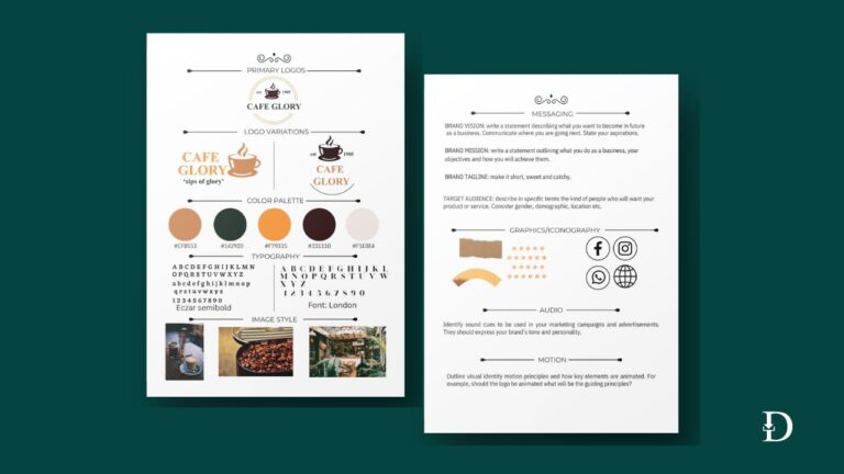 Brand kit template showing visual elements of a brand, brand mission, vision, tagline, and guidelines on how to choose sound and audio cues
